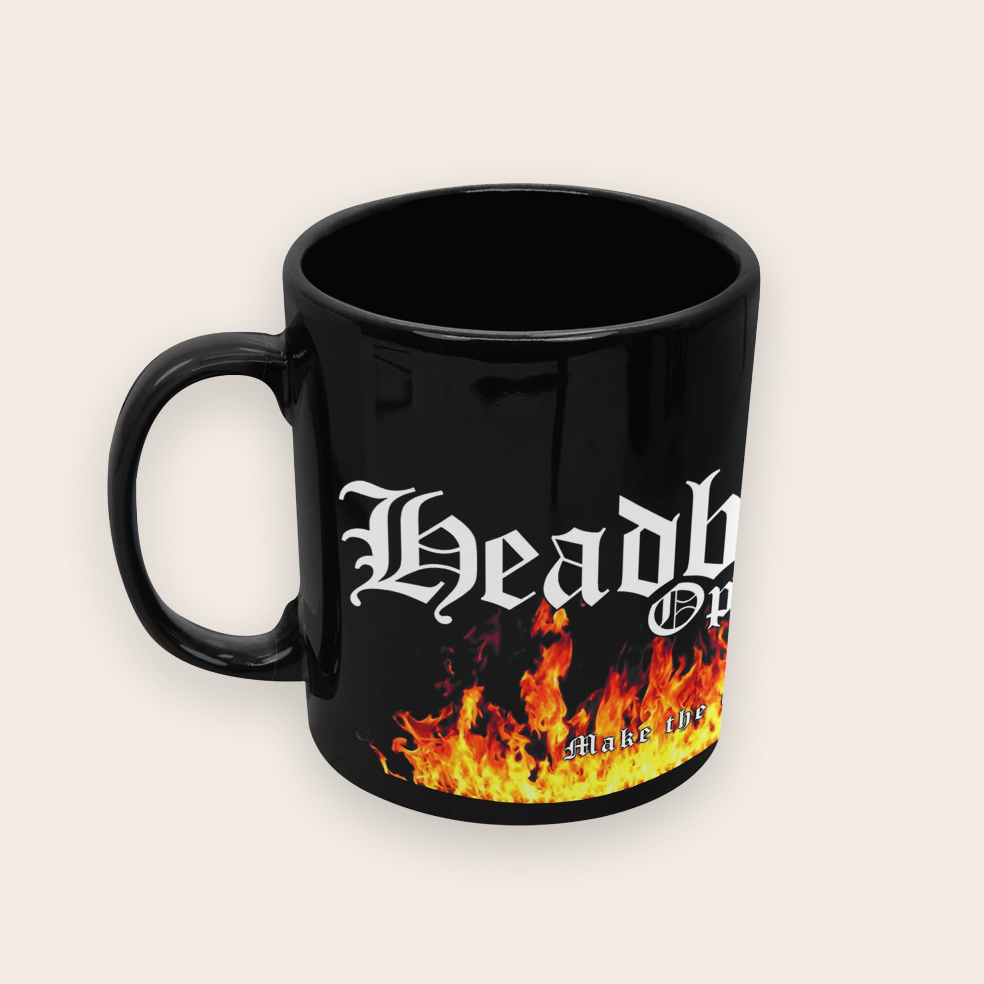 Dein Printwerk – Becher & Flaschen – schwarze Tasse mit Motivdruck – Headbangers-Open-Air-Referenz