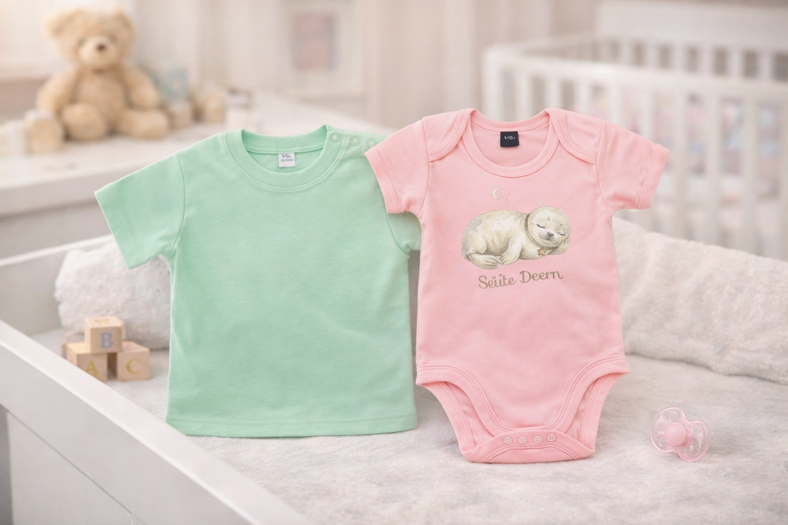 Mintgrünes Shirt und rosa Babybody mit schlafender Robbe und „Seute Deern“-Aufdruck in einem Babybett.