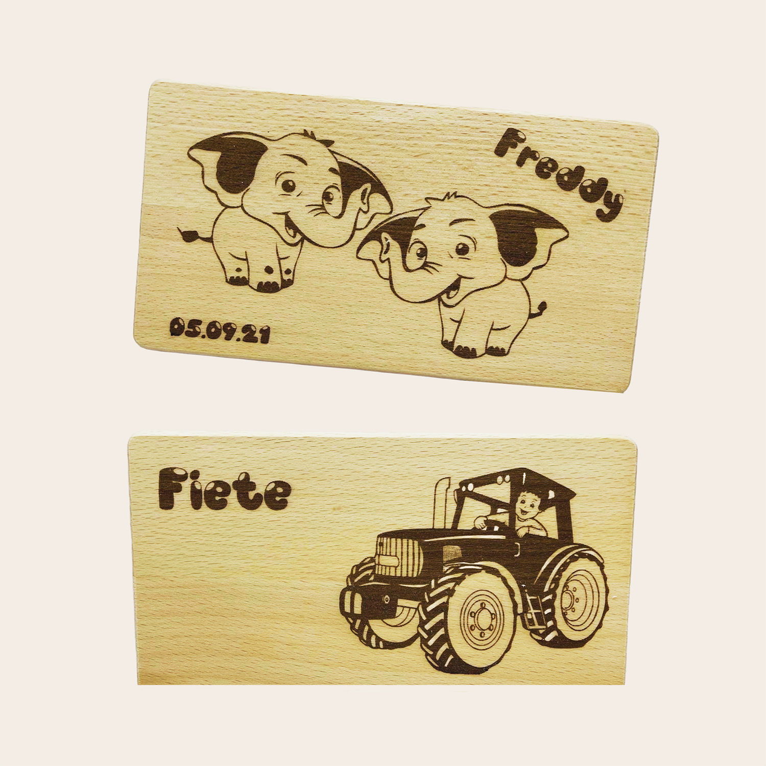 Kinderbrett aus Holz mit Gravur, Name und Motiven wie Traktor und Elefant