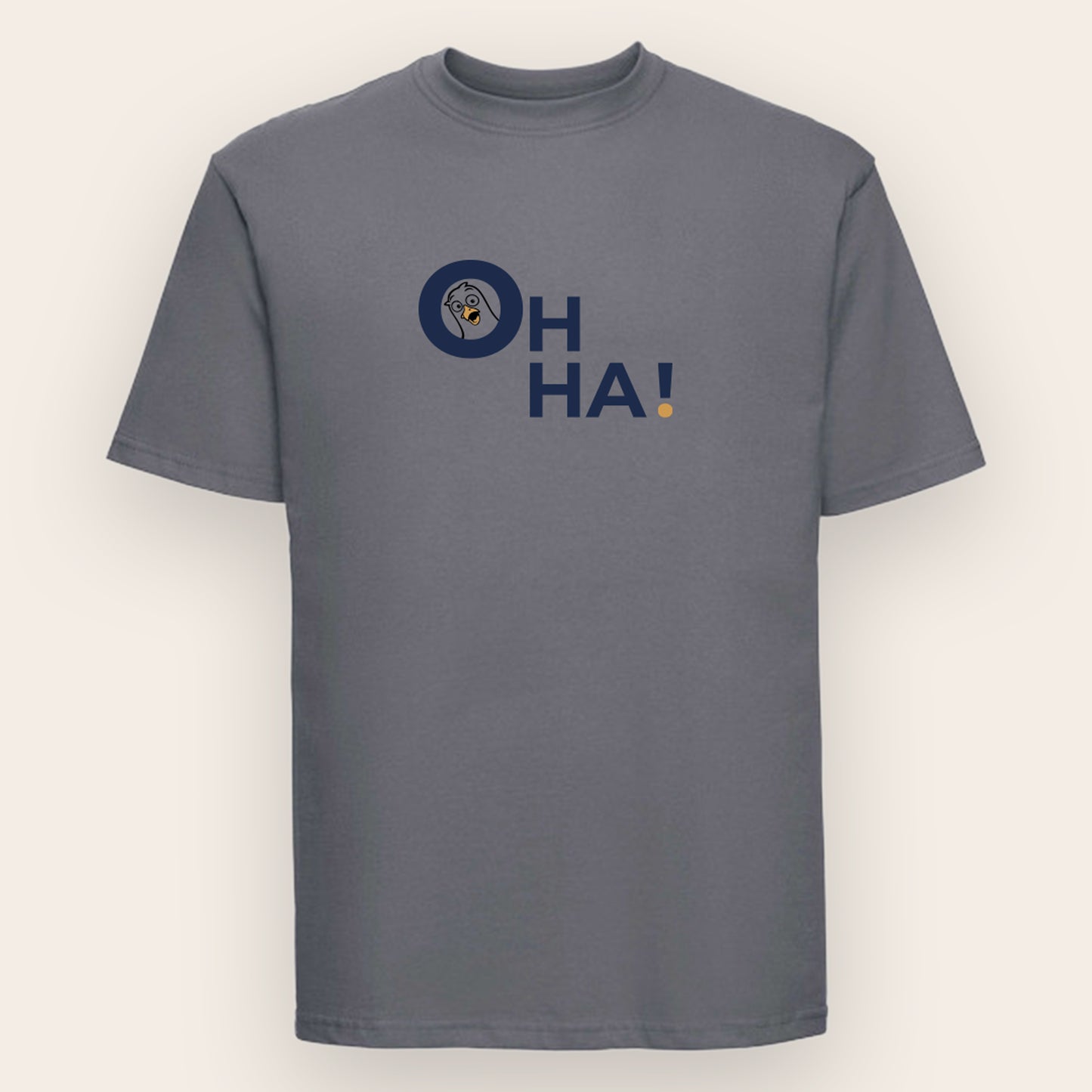 Naturfarbenes- Russell T-Shirt Motiv Oh Ha! staunende Möwe Frontansicht