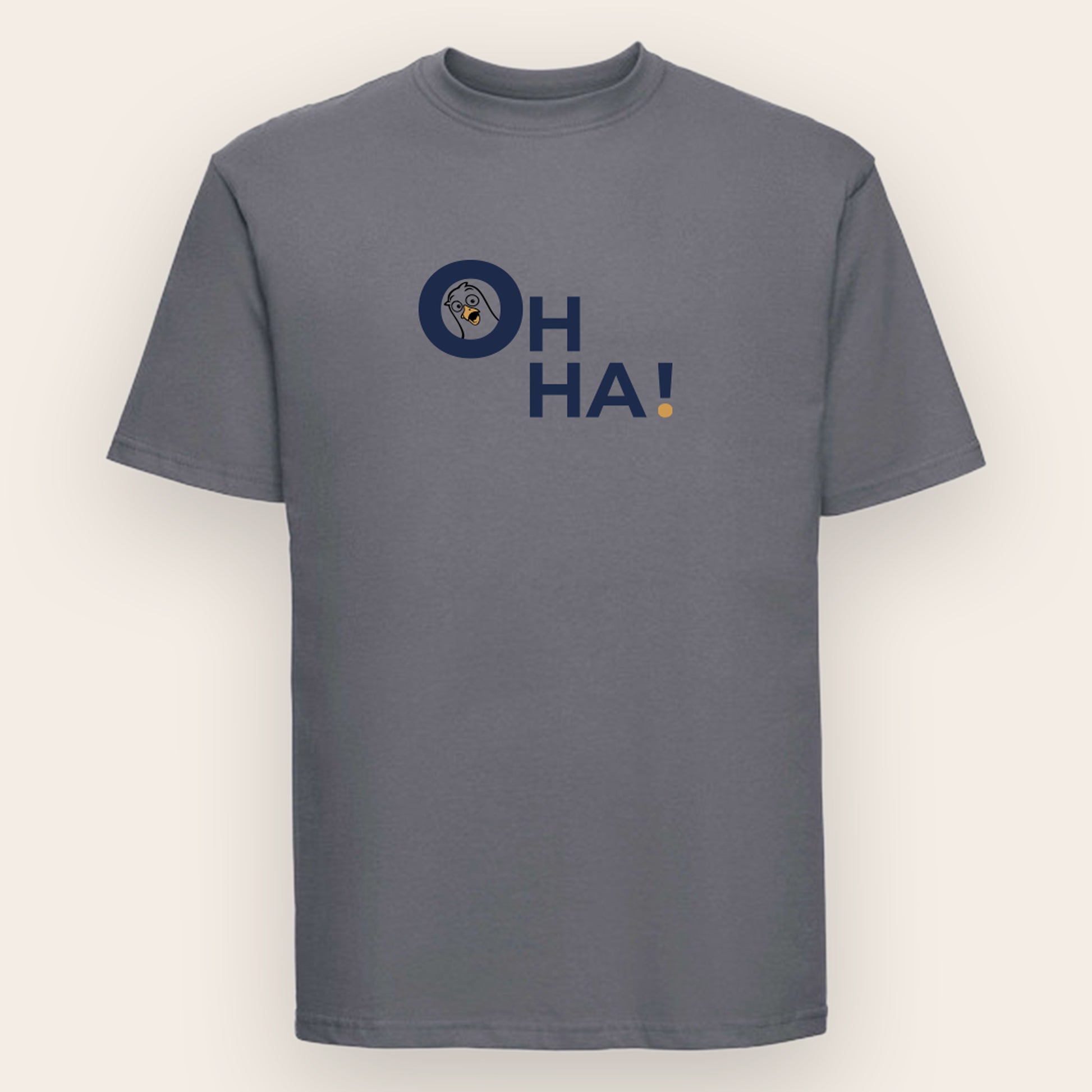 Naturfarbenes- Russell T-Shirt Motiv Oh Ha! staunende Möwe Frontansicht