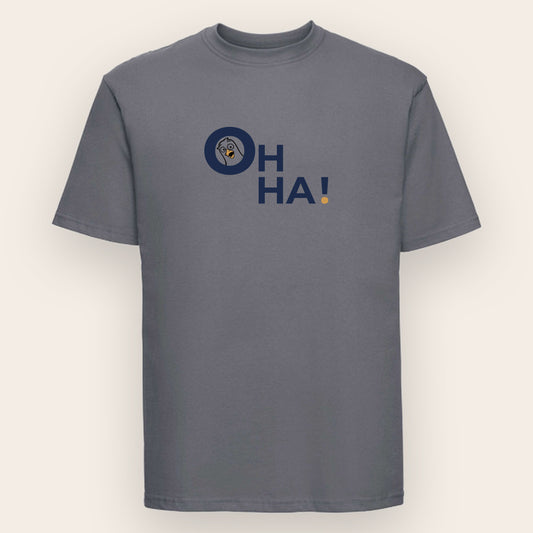 Naturfarbenes- Russell T-Shirt Motiv Oh Ha! staunende Möwe Frontansicht