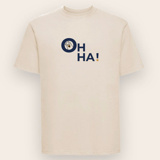 Naturfarbenes- Russell T-Shirt Motiv Oh Ha! staunende Möwe Frontansicht