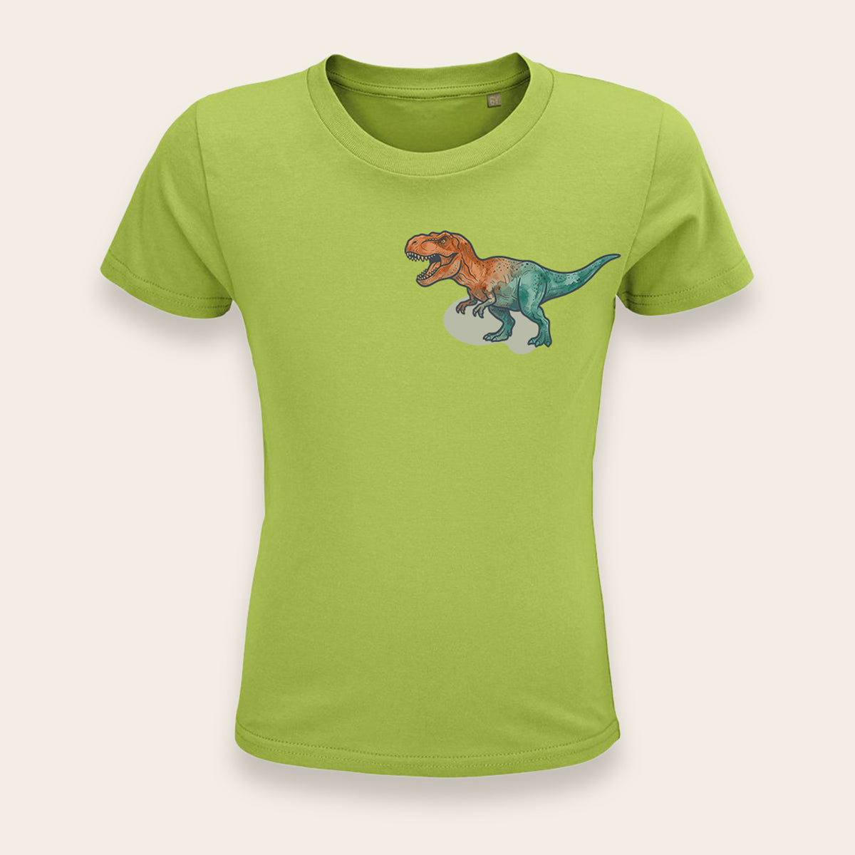 Apfelgrünes Kinder-T-Shirt mit grün-orangefarbenem T-Rex Motiv.