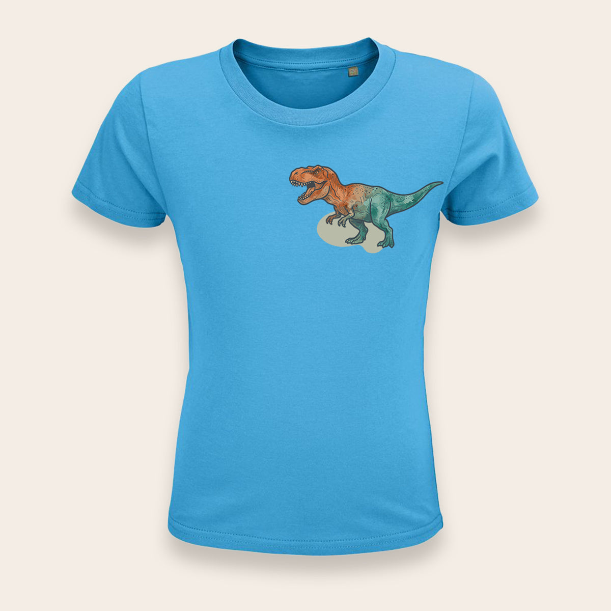 Türkisfarbenes Bio-Shirt für Kinder mit T-Rex Motiv im Aquarell-Look.