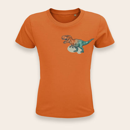 Orangefarbenes Kinder-Shirt mit detailreichem T-Rex Druck im Aquarell-Stil.