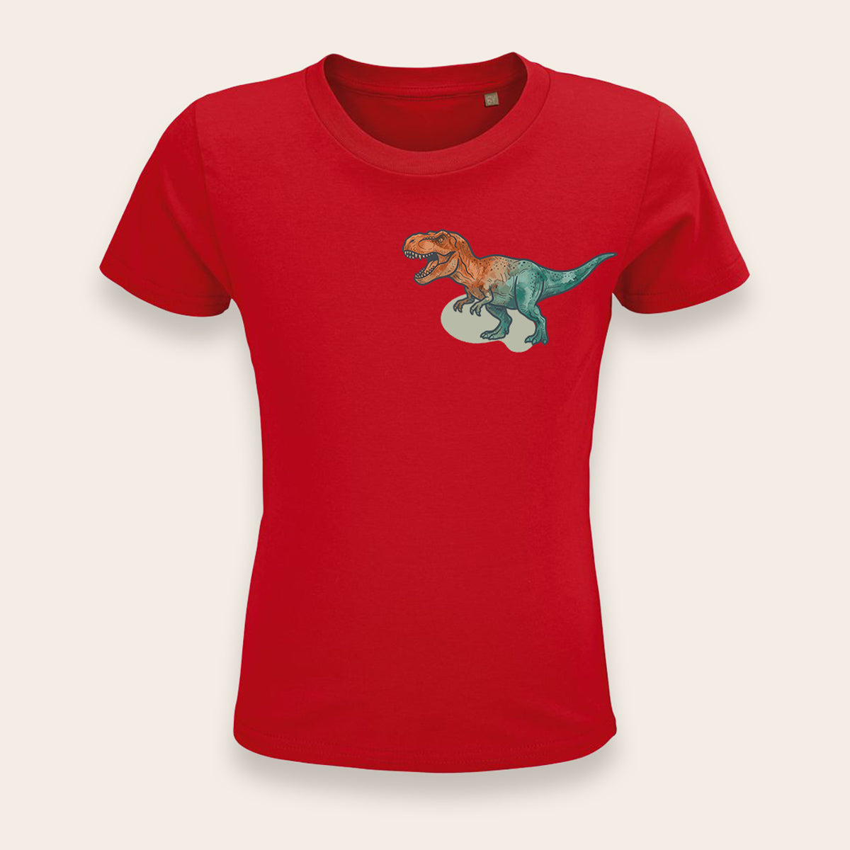 Rotes Kindershirt aus Bio-Baumwolle mit hochwertigem T-Rex Print.