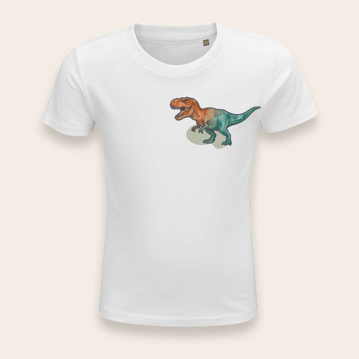 Weißes Bio-Kinder-T-Shirt mit T-Rex Aquarell-Druck auf der Brust.