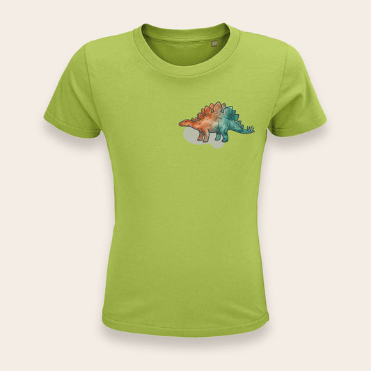 Apfelgrünes Bio-Shirt für Jungen und Mädchen mit Dino-Aquarell-Druck.
