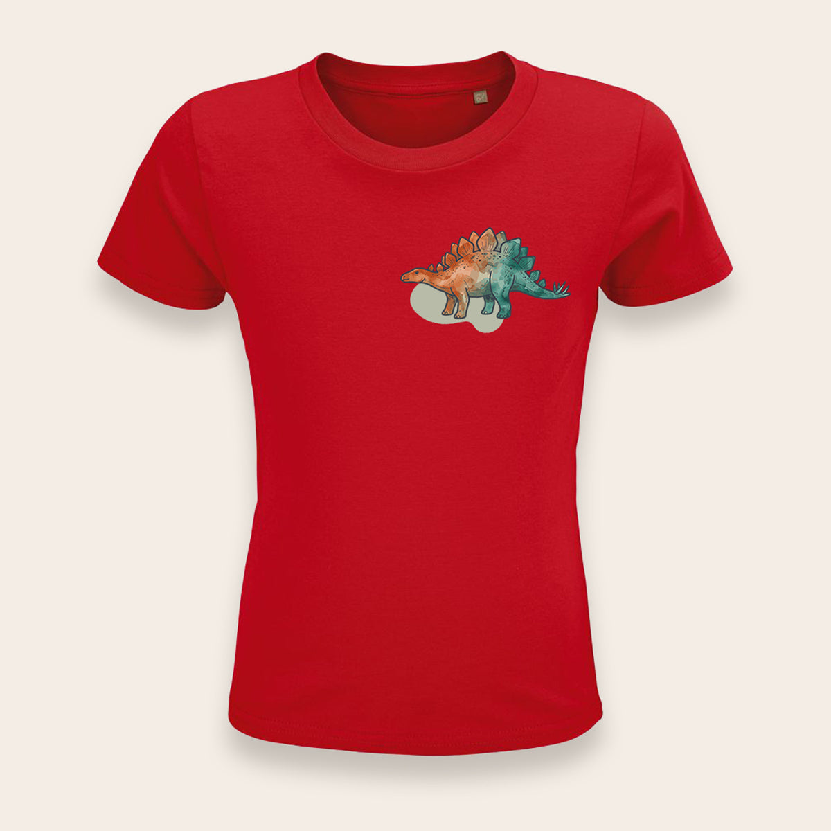 Rotes Kinder-T-Shirt aus zertifizierter Bio-Baumwolle mit Stegosaurus-Motiv.