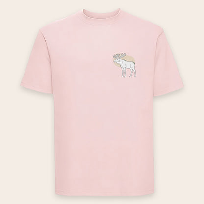 T-Shirt in sanftem Powder Rose mit einem kleinen Elch-Motiv auf der linken Brustseite.