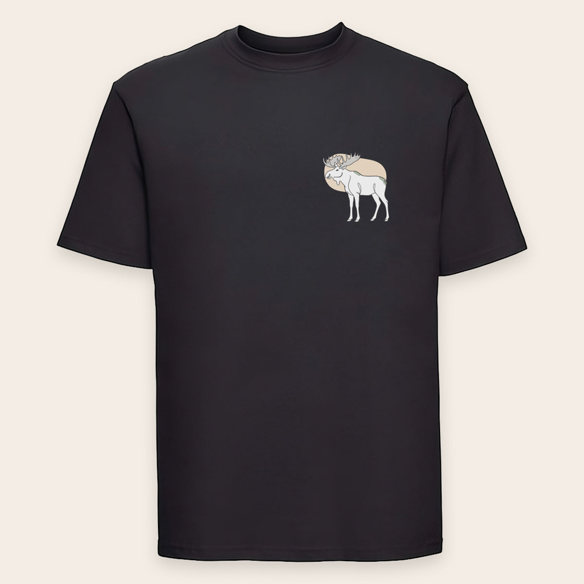 Schwarzes Baumwoll-T-Shirt mit minimalistischem Elch-Motiv als hochwertiger Brustdruck.