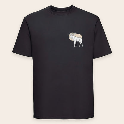 Schwarzes Baumwoll-T-Shirt mit minimalistischem Elch-Motiv als hochwertiger Brustdruck.