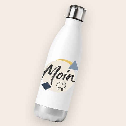 Weiße Edelstahl-Thermoflasche 750ml mit nordischem Motiv Schaf und Schriftzug Moin