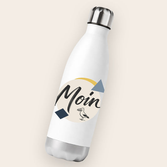 Weiße Edelstahl-Thermoflasche 750ml mit lustigem Motiv Möwe mit Fischbrötchen und Moin Schriftzug