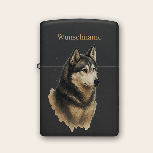 Personalisiertes Zippo Feuerzeug mit Husky Motiv und Wunschname in Schwarz Matt
